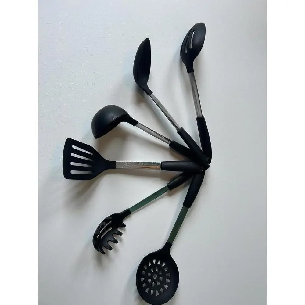 6 piece set of black silicone kitchen utensils with stainless steel handles